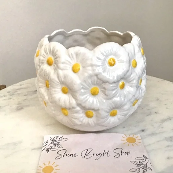 Anthropologie Flower Pot Vase Planter Handpainted Stoneware Daisy New With Tag - Picture 5 of 7